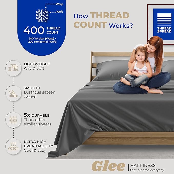 THREAD SPREAD Split King Sheets Sets for Adjustable Bed - 400 Thread Count 5 Piece Sateen Split Sheet Set, 2 Twin-XL Fitted Sheets, Ultra Soft, 16" Deep Pocket Split King Bed Sheet (Dark Grey)