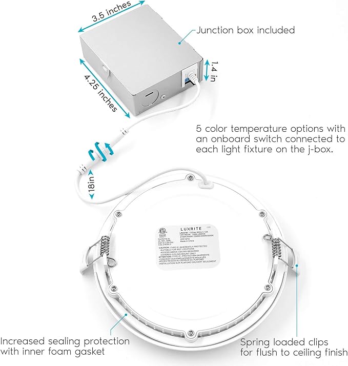 LUXRITE 6 Inch Ultra Thin LED Recessed Light with J-Box, 12W, Color Temperature Selectable 2700K | 3000K | 3500K | 4000K | 5000K, Dimmable Wafer Light, 1000 Lumens, Energy Star, IC Rated (6 Pack)