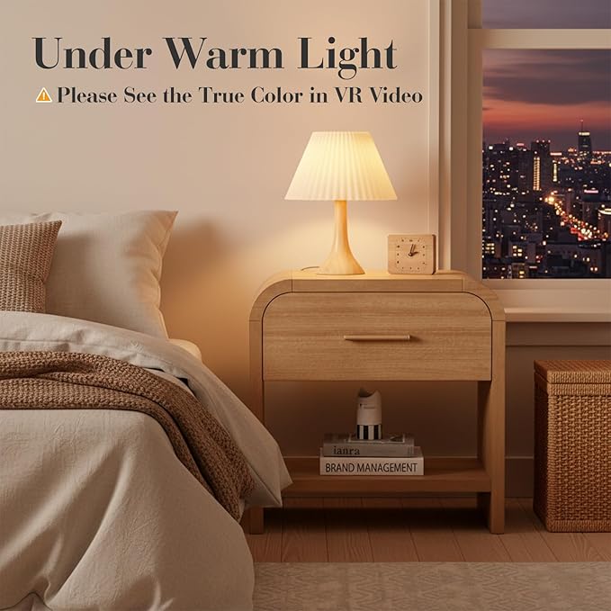 Night Stand Set of 2 [Unique Curved Profile] [FSC-Certified Wooden Board] 1-Drawer and 1 Storage Shelf Nightstand 24" H Metal Handle Modern Bedside Table Side Table End Table for Bedroom