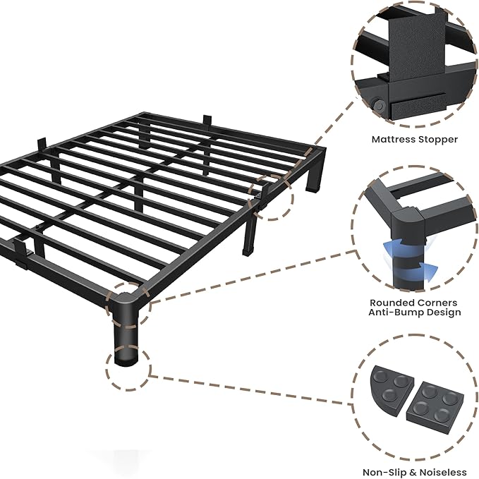 ROIL 4 inch Metal Queen Bed Frame with Rounded Corner Mattress Retainers 3500LBS Heavy Duty Steel Slats No Box Spring Needed Platform Noise-Free Easy Assemble
