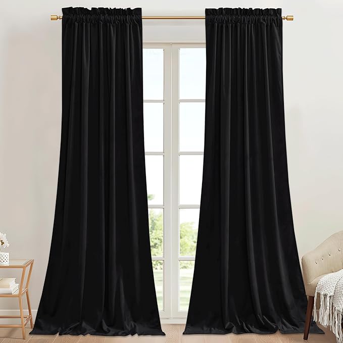 StangH Black Blackout Velvet Curtains 90 inches Long Thick Heavy Privacy Doorway Room Dividers Thermal Insulated Window Curtains for Bedroom Kitchen, W42 x L90, 2 Panels