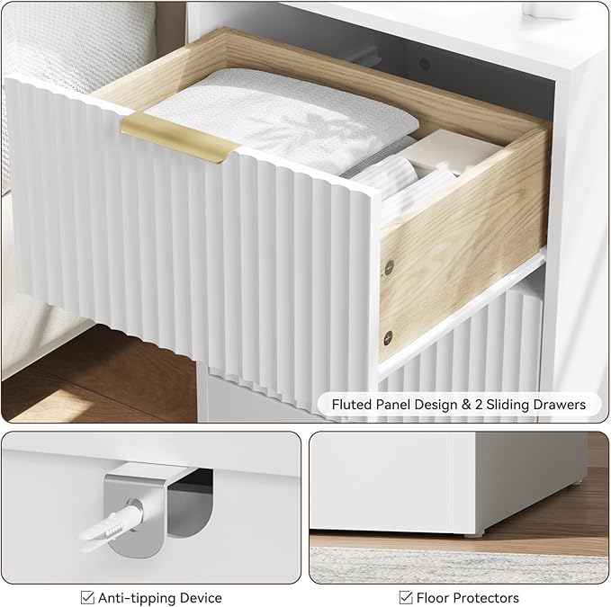 6 Drawer Dresser and Nightstand Set 3-Piece, 55” Wide Bedroom Dressers & Night Stand Set of 2 with Metal Handle, Fluted Modern Wood Chest of Drawers Storage Dressers Set for Bedroom, White