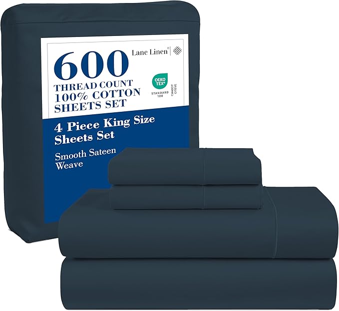LANE LINEN 100% Cotton Sheets King Size – 600 Thread Count King Size Bed Sheets, Hotel Luxury Soft Silky Sateen Weave, Durable for Year Round Use, Fully Elasticized 15" Deep Pocket – Estate Blue