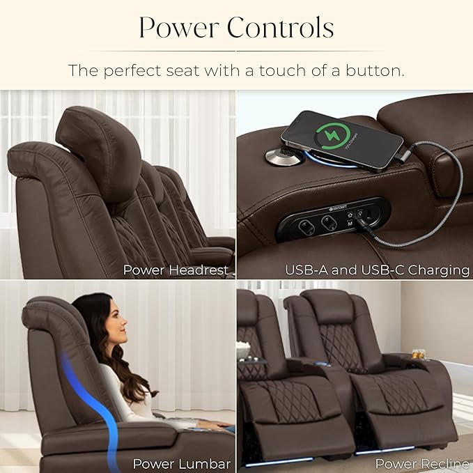 Seatcraft Diamante Zero-Gravity CoolZero Italian Leather Home Theater Seating, Power Headrest, Power Recline, Row of 5 Dual Loveseats, Brown