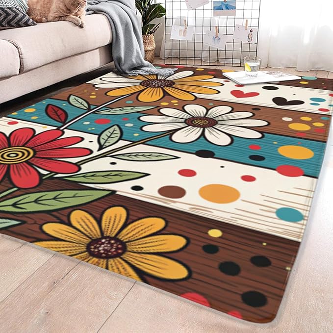 Machine Washable 5' x 8' Bohemian-Style Area Rug, Flowers Floor mat, Suitable for bedrooms, Girls' Room Bedside, Living Room, Dining Room, Office, Non-Slip Low-Pile Retro, Fashionable Carpet