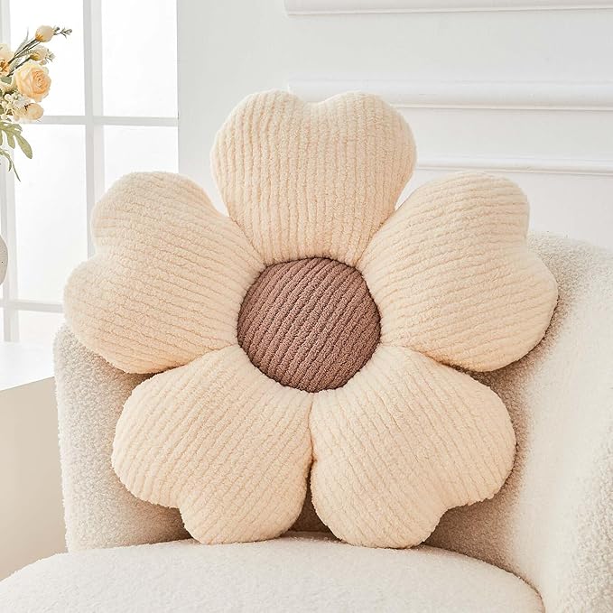 Kcvvcr Flower Throw Pillow, Cute Flower Shaped Pillow Decorative Throw Pillow for Bed Couch, Soft Daisy Pillows Floor Seating Cushion Cushions (19.6 Inch Ivory+Brown)