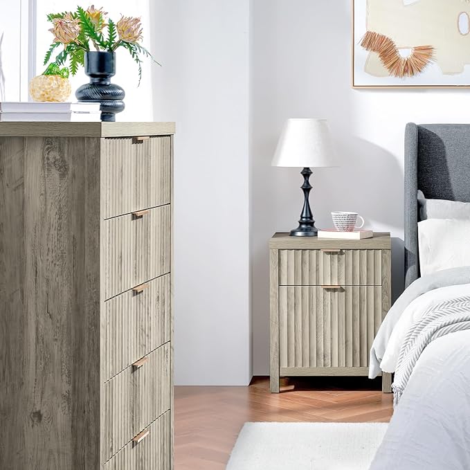 5 Drawers Dresser for Bedroom, 44 Inches Tall Modern Bedroom Dressers, Chest of Drawers for Bedroom, Fluted Dresser for Closet Organizer for Living Room, Hallway, Entryway (Grey Oak)