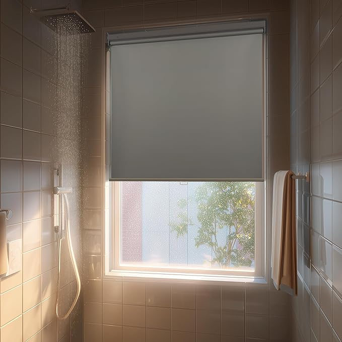 HESTIA No Drill Cordless Blackout Roller Shades Screwless Waterproof Shower Window Blinds, Auto-Retraction Easy Install Blind for Bathroom/Kitchen/Office/Exterior, Grey, 32" W x 54" H