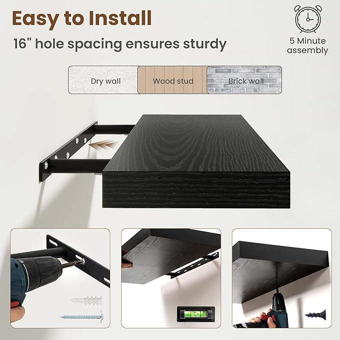 Axeman Square Floating Shelves for Wall, 8" W x 8" D x 1.4" H Rustic Wooden Wall Shelves, 4 Pack Wall Mounted Floating Shelf with Invisible Brackets for Living Room, Bathroom, Kitchen, Black Color