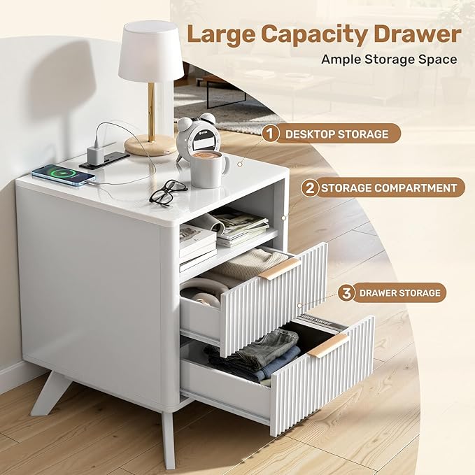 Modern Nightstand Set of 2, Side Table with Charging Station,Bedside Tables with Drawer, Mid-Century End Tables for Bedroom, Sturdy Storage Side Tables,White