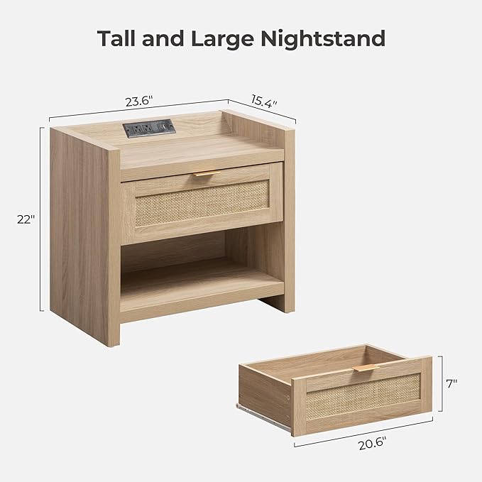 SICOTAS Rattan Nightstands Set of 2 Bedside Table - Boho Night Stand with Type-C Charging Station, Wicker Decor Drawer Storage End Table Night Stands for Bedroom - Light Oak