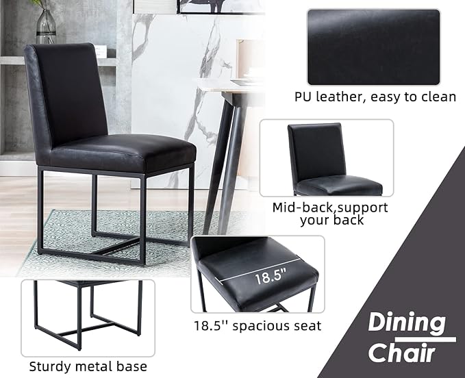 CIMOTA Black Leather Dining Chairs Set of 2, Upholstered Dining Room Chairs Armless Guest Side Chair with Black Base for Dining Room/Kitchen, 2PCS