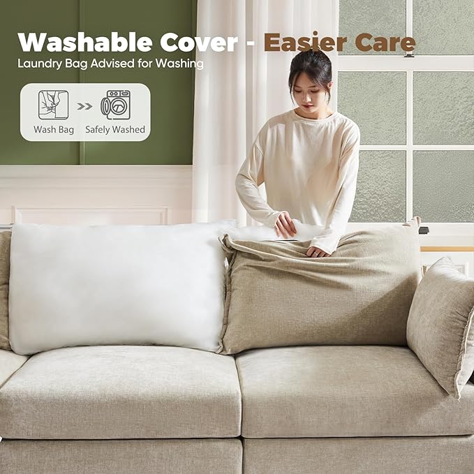ABCASA 102.6" Modular Sectional Sofa, Oversized 3-Seater Couch with Removable Beige Chenille Fabric Cover, Deep Seat & High Backrest for Living Room, Office & Apartment