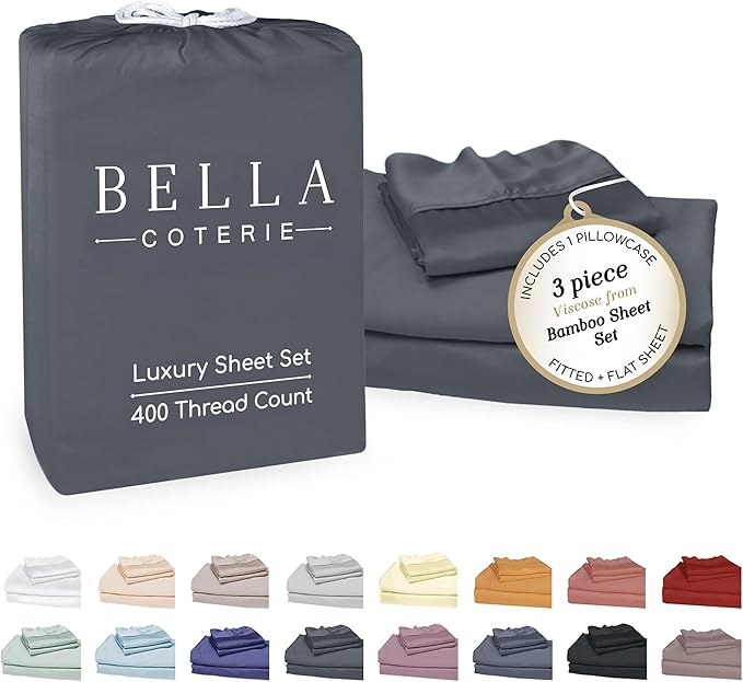 Bella Coterie Luxury Bamboo Viscose Twin Size Sheet Set | 100% Organically Grown | Ultra Soft | Cooling for Hot Sleepers | 18" Deep Pocket [Charcoal Grey]