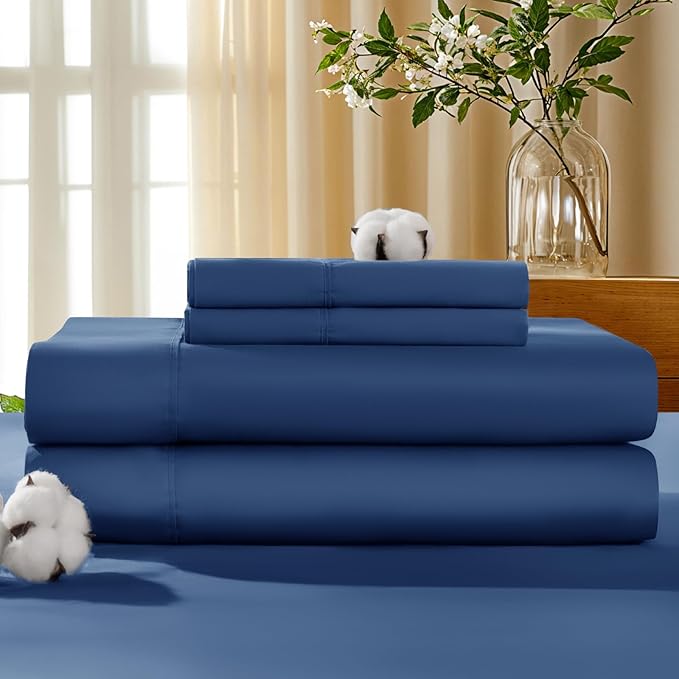 LBRO2M 100% Cotton Sheets Set Deep Pocket 19", 1000 Thread Count Full Size 4 Piece Bed Sheet Sets Soft Comfortable Bedding All Season (Full, Navy Blue)