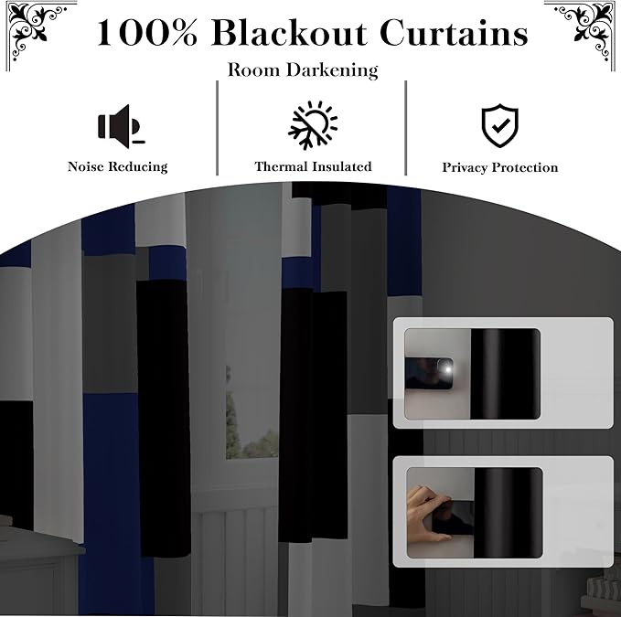 Navy Blue Grey 100% Blackout Curtains for Bedroom 84 inch Long 2 Panels Set Gray Modern Abstract Geometric Black Out Curtains Insulated Room Darkening Window Drapes for Living Room, 52Wx84L