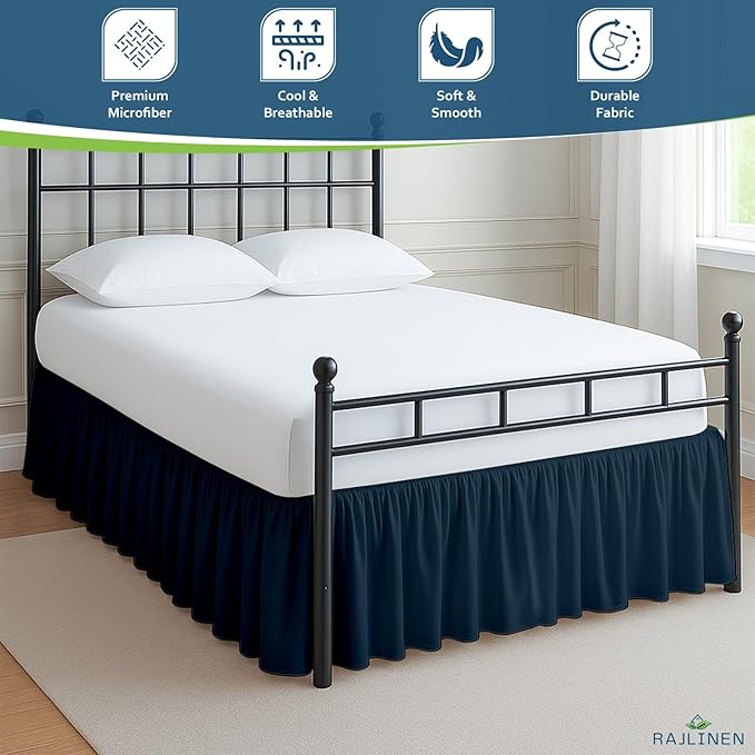 Rajlinen Ruffled Bed Skirt King, 10 Inch Drop Dust Ruffle with Split Corners, 100% Microfiber Bedskirt with Platform, Three-Sided Coverage Ruffled Gathering Design, Navy Blue