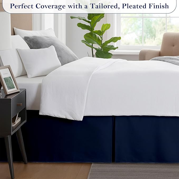 Queen Bed Skirt, Luxury 14 Inch Drop Navy Blue Pleated Bed Skirt, Double Brushed Microfiber, Box Pleat Design, Wrinkle & Fade Resistant, Easy Fit Tailored Bedskirt for Queen Size Beds