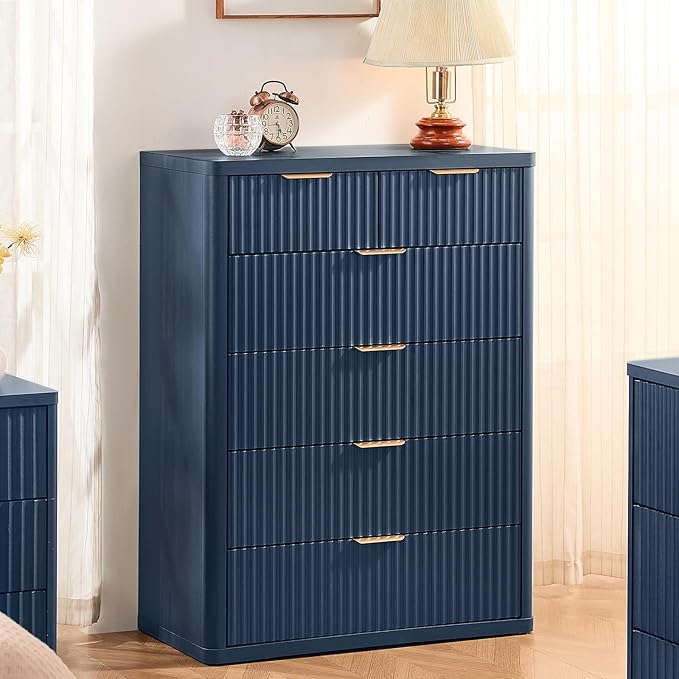 LEYAOYAO Fluted Dressers & Nightstand Set of 4, Wood 48" Wide Dresser & 42" Tall Chest of Drawers,Modern Bedroom Furniture Sets,Navy Blue Wooden Nightstand Set of 2 with 3 Drawers & Charging Station