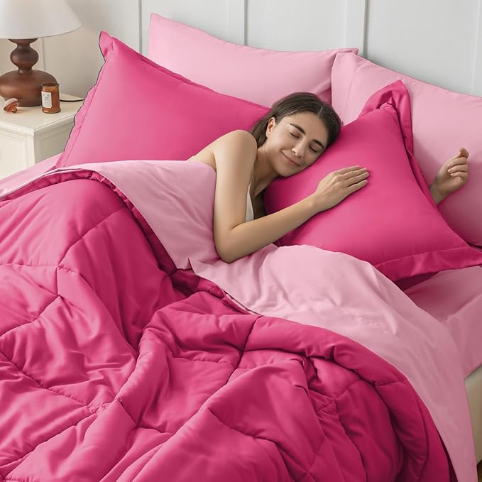 JOLLYVOGUE King Comforter Set, Ultra-Soft Bed in a Bag King Size 7 Pieces, Oeko-TEX Certified Bedding Set with Down Alternative Comforter, Sheets, Pillowcases & Shams, Hot Pink & Baby Pink