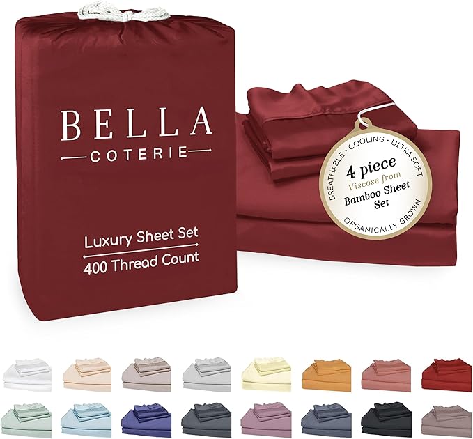 Bella Coterie Luxury Bamboo Viscose Queen Size Sheet Set | 100% Organically Grown | Ultra Soft | Cooling for Hot Sleepers | 18" Deep Pocket [Merlot]