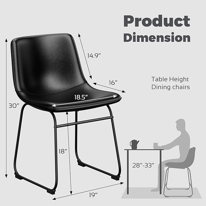 Dining Chairs Set of 6, 18 Inch Kitchen Chairs with Back, Faux Leather Armless Dining Room Chairs with Metal Legs for Home, Bistro Coffee Shops (Black)