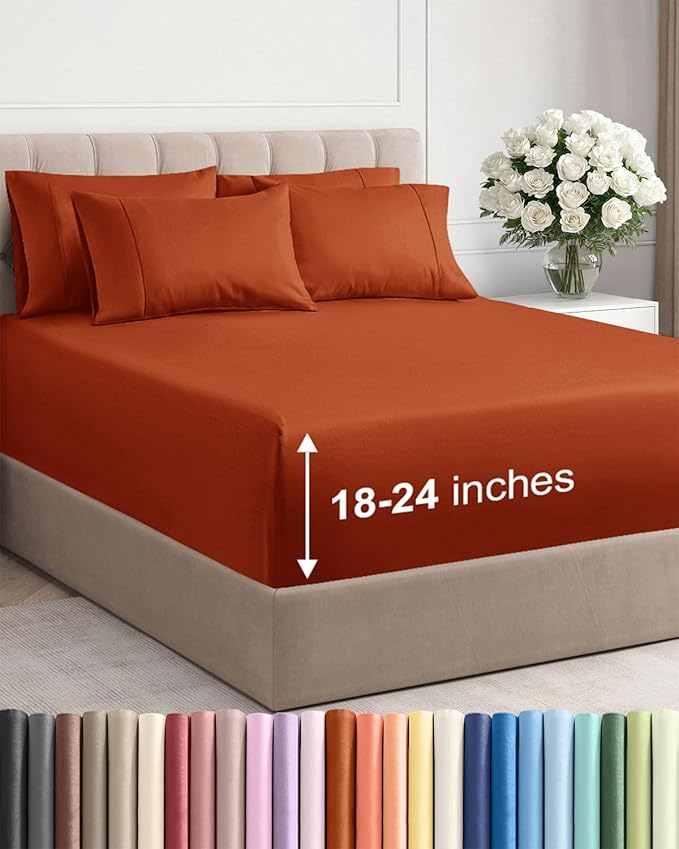 Extra Deep Queen Sheet Set - 6 Piece Breathable & Cooling Sheets - Hotel Luxury Bed Sheets Set - Easy & Secure Fit - Soft, Wrinkle Free & Comfy Sheets Set - Terracotta Sheet Set w/Extra Deep Pockets