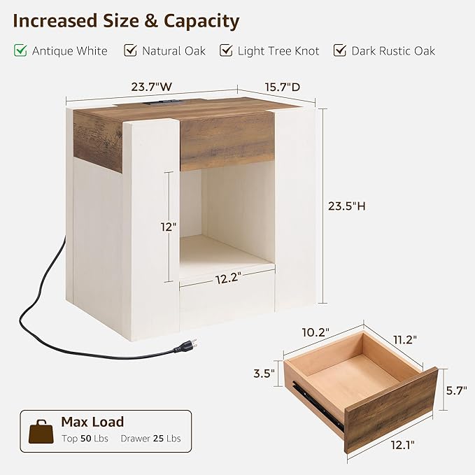 OKD 24'' Modern Nightstands Set of 2, Large Wooden End Table with Charging Station & Drawer & Storage Shelf, Rustic Square Bedside Table for Bedroom, Living Room, Wood Thick Design,Antique White