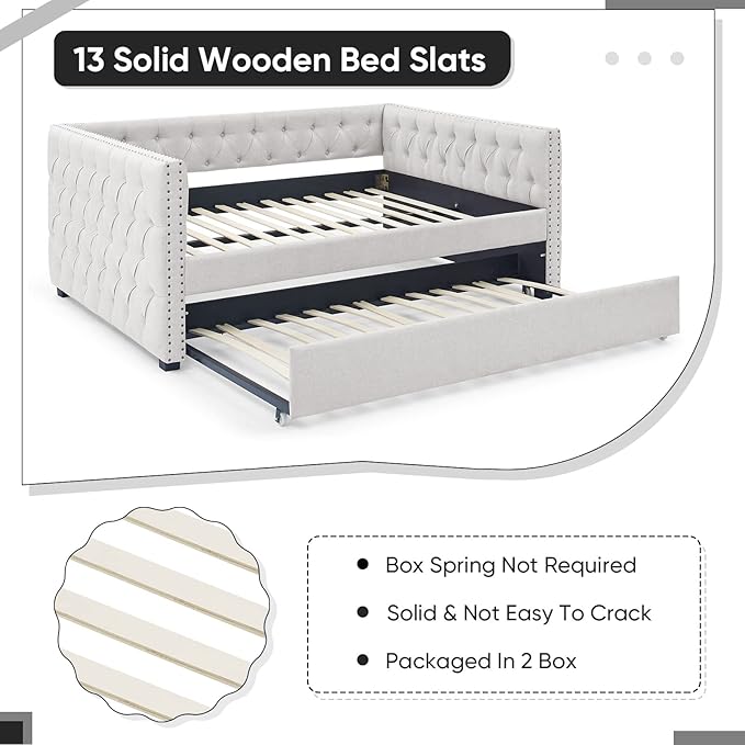 Antetek Daybed with Trundle, Modern Upholstered Full Size Button-Tufted Sofa Bed Frame with A Roll-Out Trundle, No Box Spring Needed, Furniture for Bedroom Living Room Guest Room (Beige, Full)