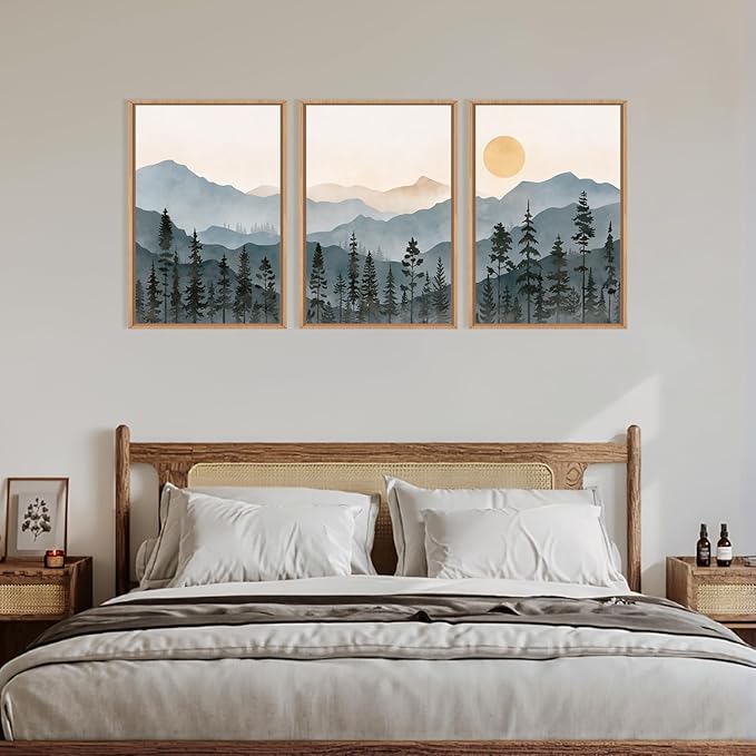 LHIUEM Boho Mountain Framed Canvas Wall Art Set,Forest Pine Tree Wall Decor, Sunrise Misty Wilderness Painting,Watercolor Nature Landscape Artwork for Living Room,Bedroom,Dining Room,Office -24"x36"x3