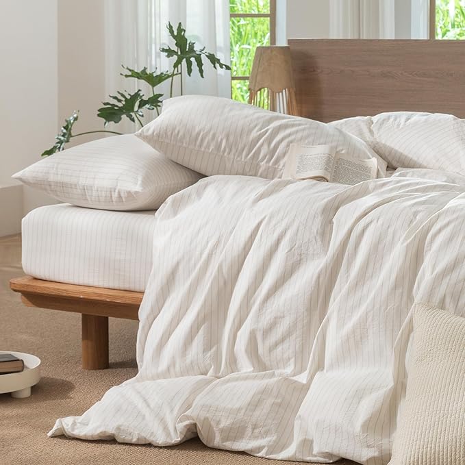 MooMee Striped Duvet Cover Set 100% Washed Cotton Linen Like Textured Breathable Durable Soft Comfy (White Almond Milk Grey Wide Stripes, Full 80"x90")