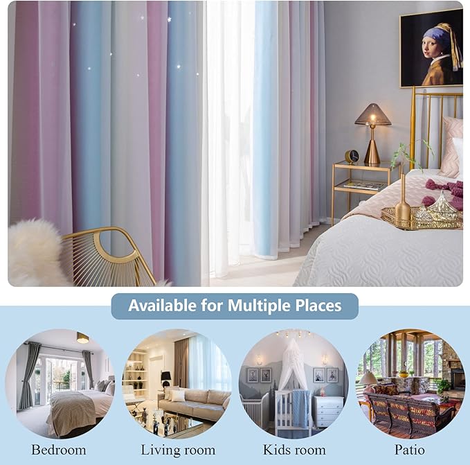Star Blackout Curtains - Bedroom Cute Kids Rainbow, 63 Inch Long 2 Panels, Purple & Blue, 42 X 63 Inches
