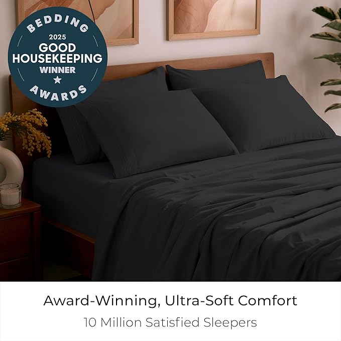 Mellanni King Sheet Set - 6-Piece Iconic Collection Bedding, (Including 4 Pillowcases), 16-Inch Deep Pocket, Easy Care, Extra Soft, Cooling Sheets, Brushed Microfiber - Black