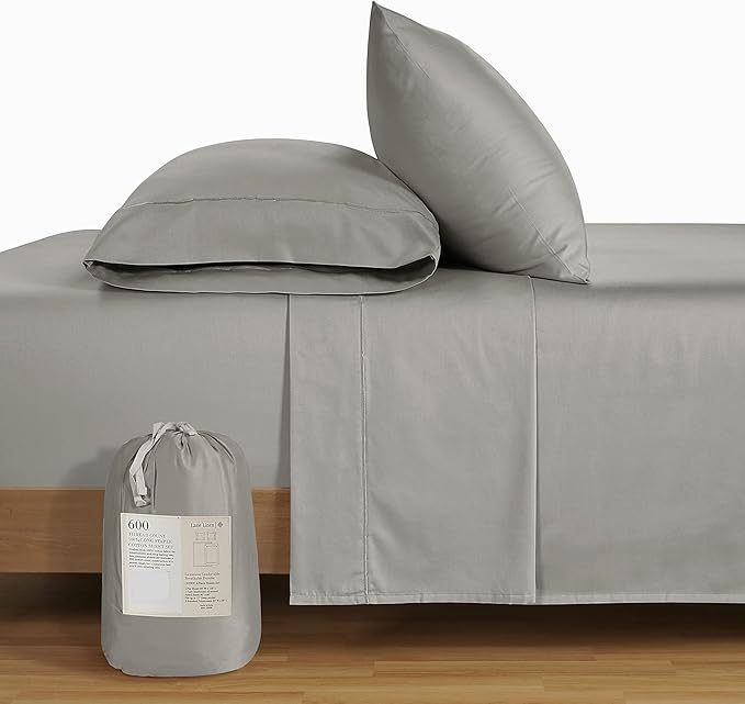 LANE LINEN 100% Cotton Sheets Full Size 600 Thread Count, Mercerized Cotton Fully Elasticized Fitted Sheet, Z Hem Top Sheet and Eurpoean Closure Pillowcases, Luxury Hotel Style Bedding Set- Silver