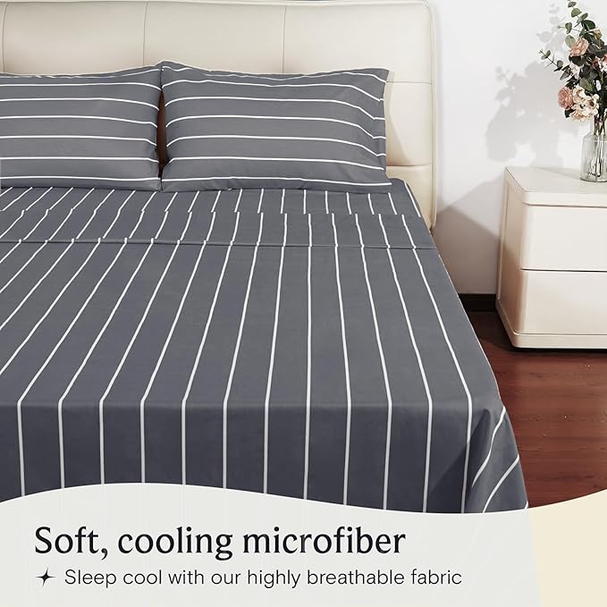 LuxClub 3 PC Twin Sheet Set, Deep Pockets Wrinkle Free Cooling Bed Sheets Hotel Bedding for Women, Men, Kids & Teens, Includes 1 Fitted Sheet, 1 Flat Sheet and 1 Pillowcase-Striped - Light Grey