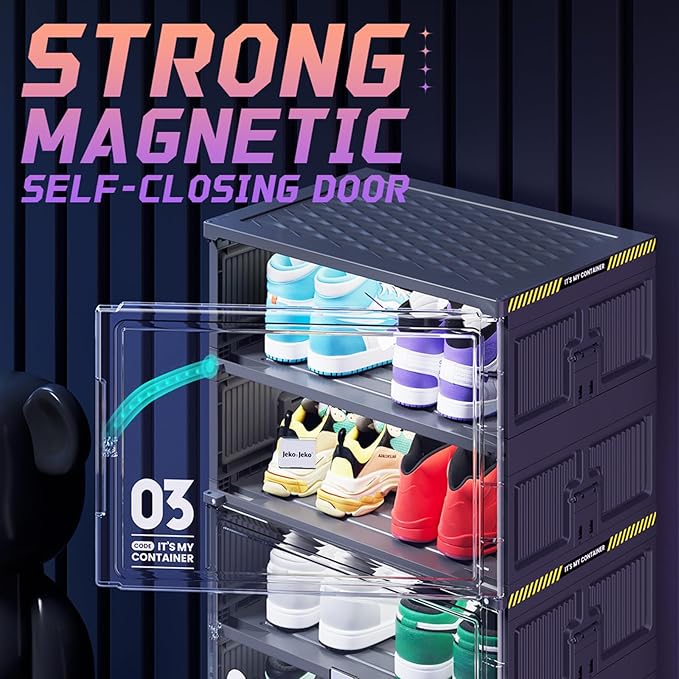 JEKO&JEKO 8-Tier Foldable Shoe Storage Cabinet with Magnetic Doors, Large Collapsible Shoe Rack Organizer for Entryway, Fits Up to 16 Pairs, Black