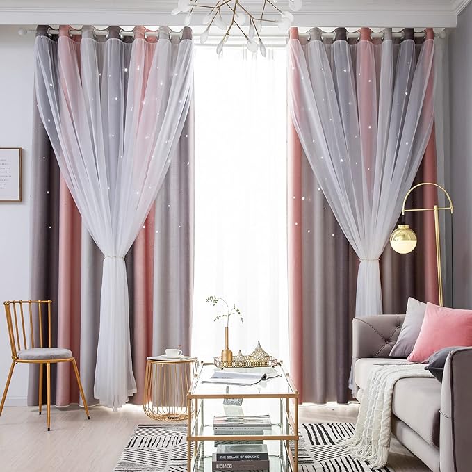 Star Blackout Curtains for Bedroom - Cute Kids Rainbow Curtains, 108 Inch Long 2 Panels, Pink & Grey