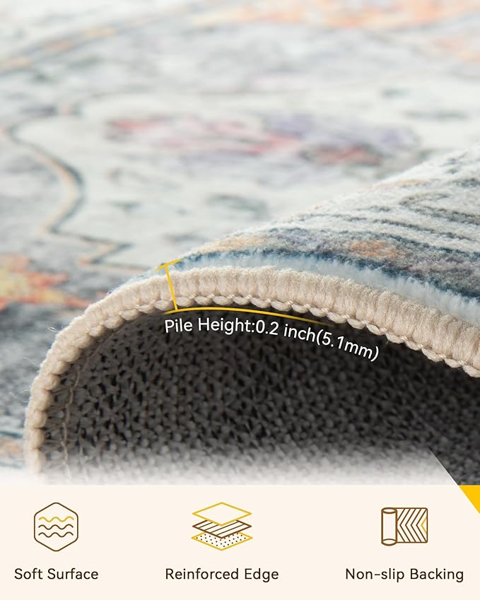 Area Rugs 5'x7' Washable Non-Slip, Floral Vintage Distress Print Pattern Medallion Carpet for Living Room Bedroom Dining Room, Light Yellow Carbon Grey Orange