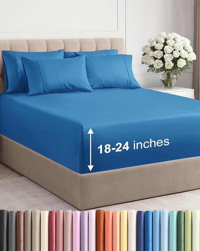 Extra Deep Full Sheet Set - 6 Piece Breathable & Cooling Sheets - Hotel Luxury Bed Sheets Set - Easy & Secure Fit - Soft, Wrinkle Free & Comfy Sheets Set - Denim Blue Sheet Set with Extra Deep Pockets