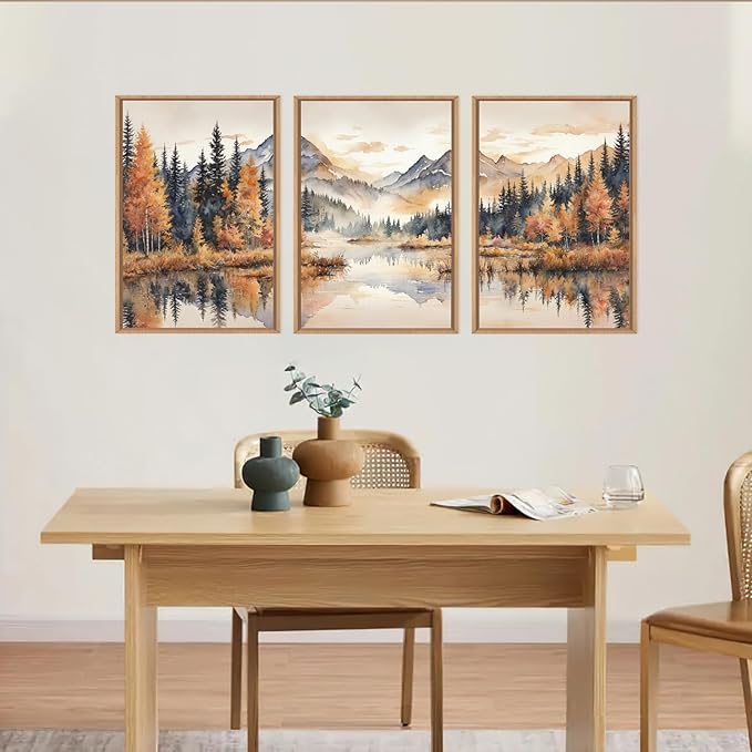 LHIUEM Large Neutral Mountain Framed Canvas Wall Art, Nature Foggy Forest Wall Decor, Watercolor Autumn Landscape, Woodland Artwork for Living Room, Bedroom, Office - 24"x36"x3
