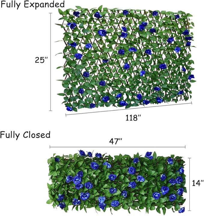 Sumery Expandable Fence Privacy Screen for Balcony Patio Outdoor,Decorative Faux Ivy Fencing Panel,Artificial Hedges (Single Sided Leaves) (4, Blue Flowers)