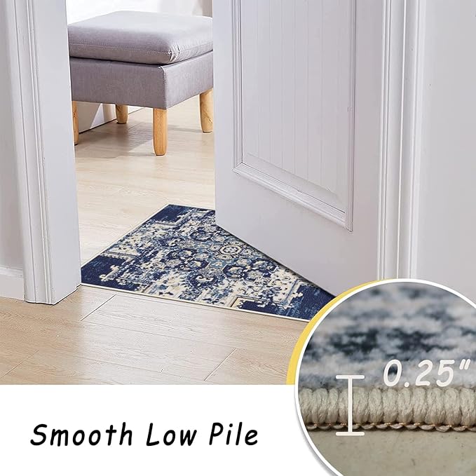 vivorug Runner Rug 2x10 Machine Washable Rug with Non-Slip Backing, Ideal for Kitchen Hallway Entryway Laundry Room - Vintage-Inspired, Durable, Easy Clean, Low Pile Carpet Runner, Navy Blue