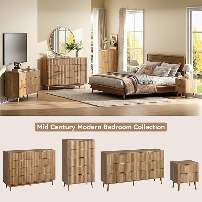 CARPETNAL Fluted Nightstand, Walnut Bedside Table with Drawer and Storage Shelf, Wood End Table Mid Century Night Stands for Bedroom Living Room
