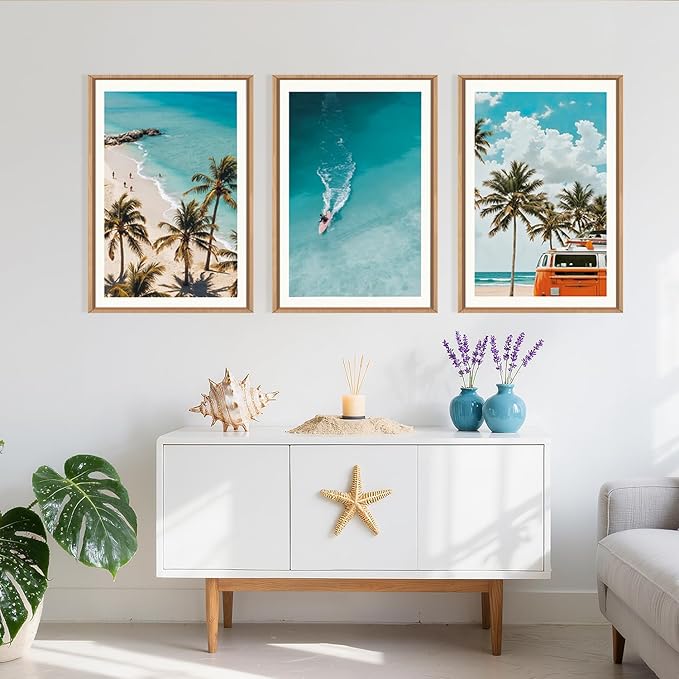 LHIUEM Large Nature Surfboard Beach Framed Canvas Wall Art,Summer Ocean Surfing Wall Decor,Palm Trees Wall Painting,Modern Picture Artwork for Living Room,Bedroom,Dining Room,Office -16"x24"x3