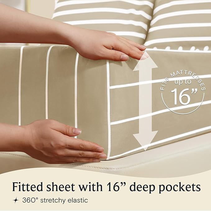 LuxClub 4 PC King Sheet Set, Deep Pockets Wrinkle Free Cooling Bed Sheets Hotel Bedding for Women, Men, Includes 1 Fitted Sheet, 1 Flat Sheet and 2 Pillowcases-Striped - Cream