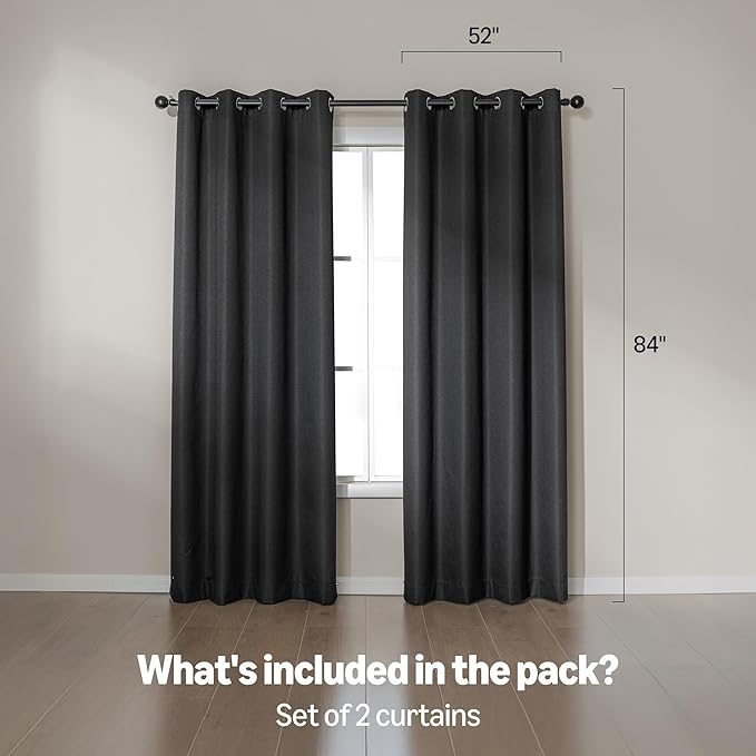Amazon Basics Faux Linen Blackout Curtains for Bedroom and Living Room, 2-Piece Set with Grommets, 52" W x 84" L, Black