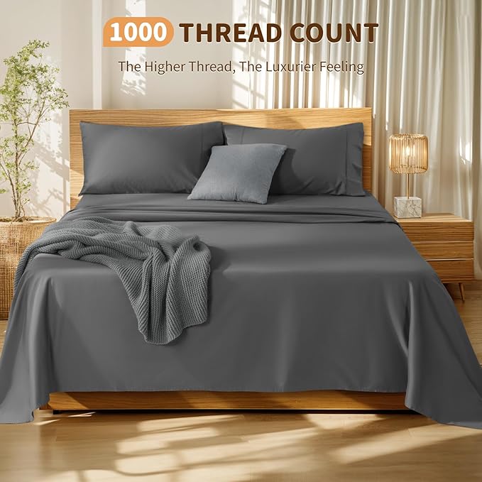 LBRO2M 100% Cotton Sheets Set Deep Pocket 19", 1000 Thread Count Queen Size 4 Piece Bed Sheet Sets Soft Comfortable Bedding All Season (Queen, Dark Grey)