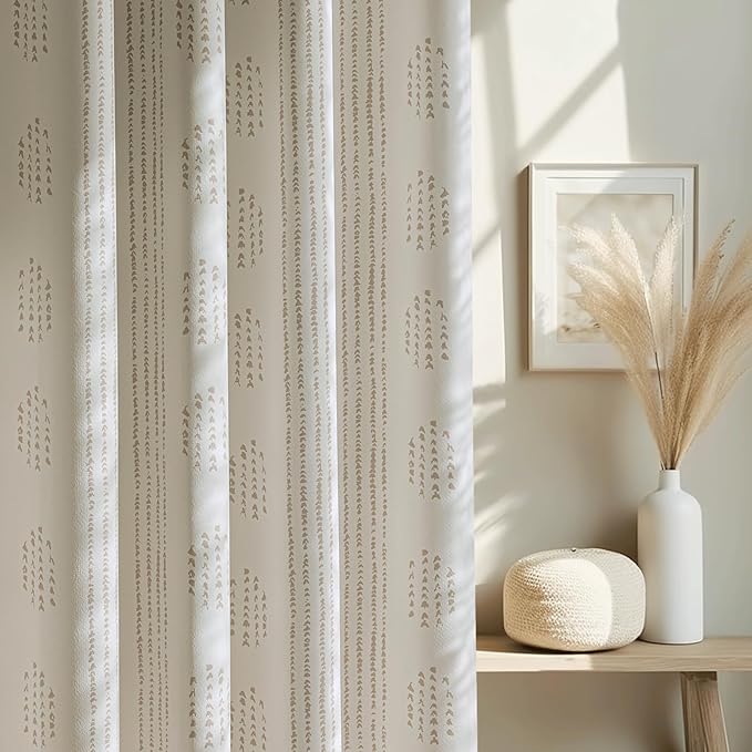 100% Boho Blackout Curtains 96 Inches Long for Bedroom, Taupe on Beige Patterned Bohemian Curtains for Living Room, Geometric Striped Thermal Insulated Window Drapes Gromment Top 2 Panels