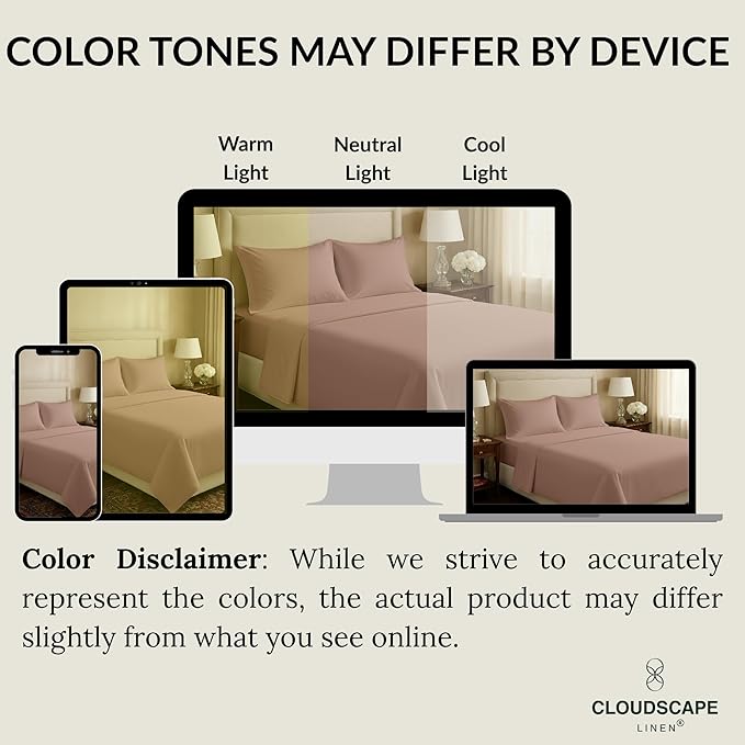 Cloud Scape Linen 100% Egyptian Cotton Sheets for Queen Size Bed, 400 Thread Count, 4 Pieces Bedding Set, Hotel Quality, Silky Soft, Deep Pockets up to 17”, Sepia Rose