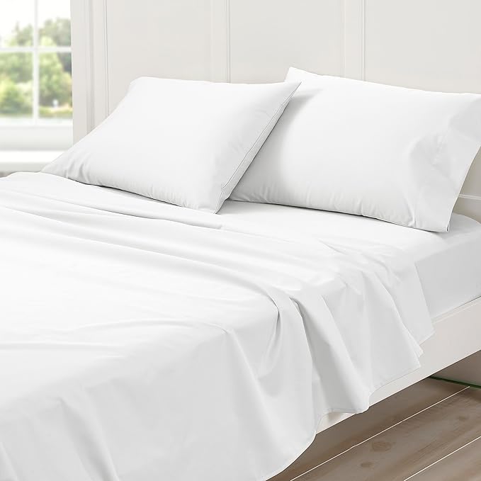 Cuddledown Dreamstead 100% Cotton Bed Sheets Set | 300 Thread Count | Luxurious Sateen Weave | Pure Combed Cotton | Soft | Wrinkle Resistant | 4 Piece Set | White | Twin | 39” x 75”